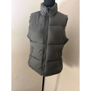 Women Reversible Puffer Vest Olive Green Cream Quilted Zip Up Padded Outerwear S
